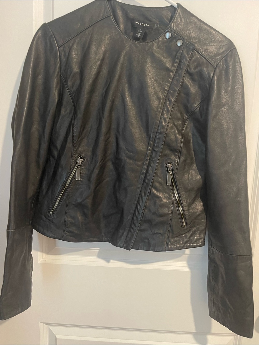 Halogen Black Leather Asymmetrical Moto Jacket Womens S 19Pit2Pit 19Shoulder2Hem